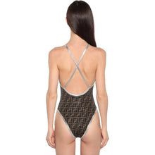 Load image into Gallery viewer, Silver Black &amp; Brown F V Neck One Piece Bathing Suit
