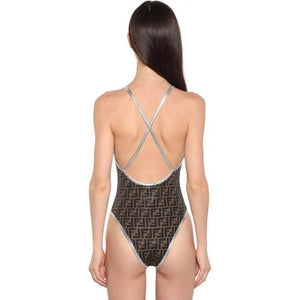 Silver Black & Brown F V Neck One Piece Bathing Suit