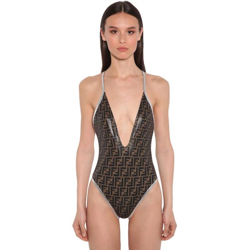 Silver Black & Brown F V Neck One Piece Bathing Suit