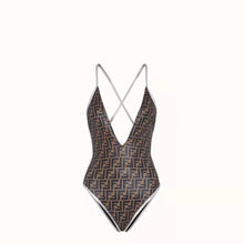 Load image into Gallery viewer, Silver Black &amp; Brown F V Neck One Piece Bathing Suit
