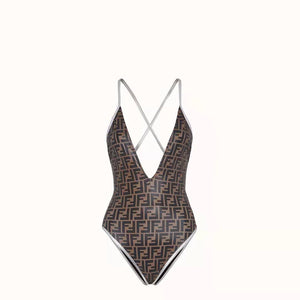 Silver Black & Brown F V Neck One Piece Bathing Suit